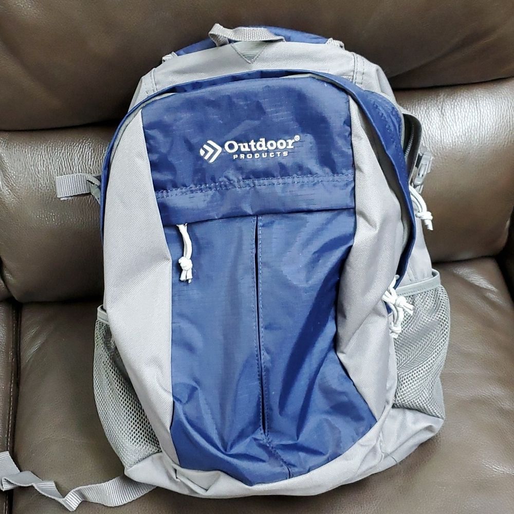 Outdoor products backpack school travel lots of pockets blue grey
